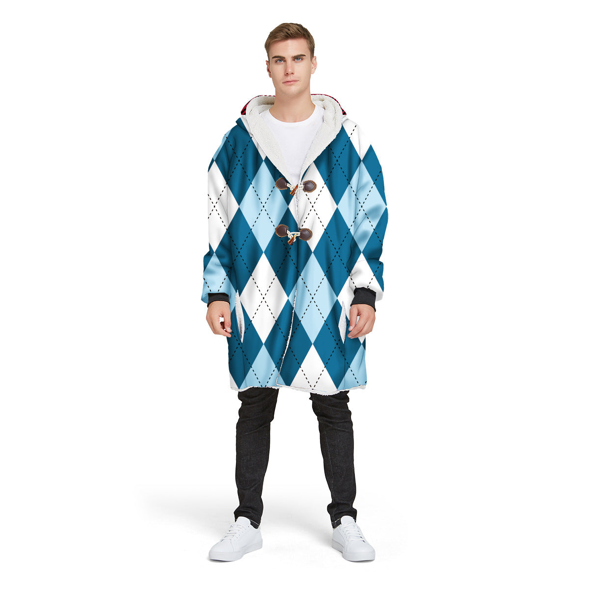 Fashion Plaid Men's Digital Printed Long Hooded Jacket
