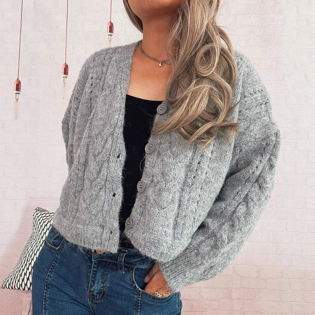 Casual Short Twist Hollow-out Knitted Cardigan Single-breasted V-neck Sweater