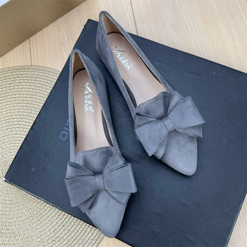 Women's Versatile Solid Color Bow Pointed Flat Shoes