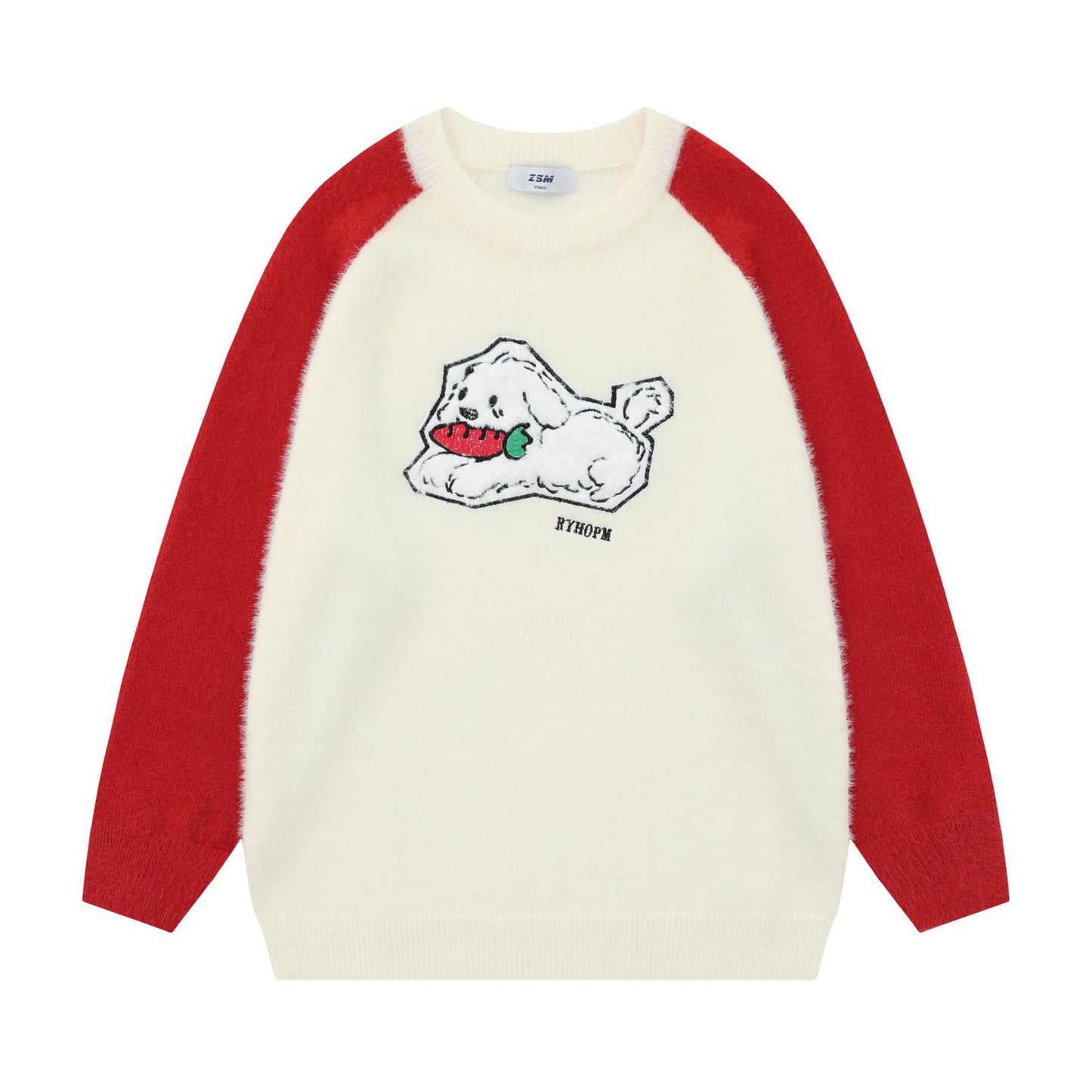 Sweet Cute Jacquard Furry Color-block Crew Neck Sweater