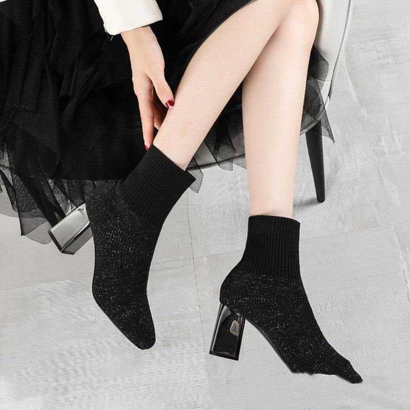 New Style Knitted Stretch Thin Boots Fashion Electroplated Thick Heel Ankle Boots