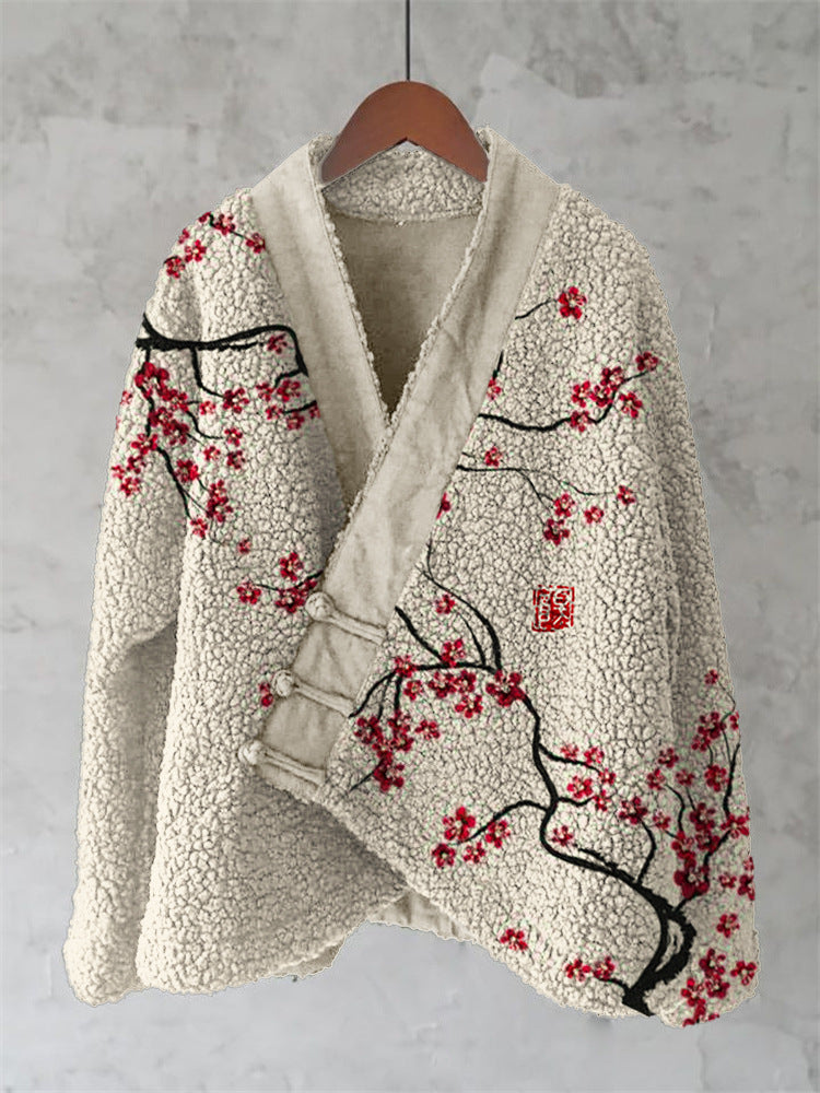 Womens Printed Kimono Cardigan Fleece Jacket Fashionable Womens Outerwear