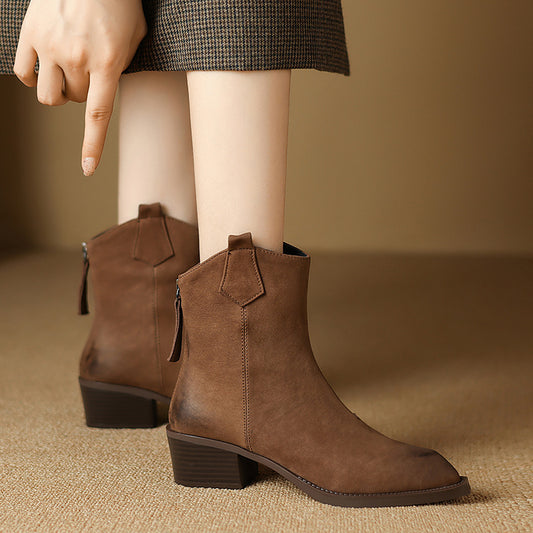 Women's Martin Boots Retro Light Brown Pointed Toe Chunky Heel Ankle Boots Winter New Style