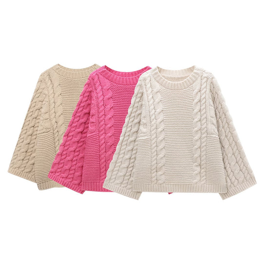 Twist Texture Round Neck Pullover Large Sleeves Sweater