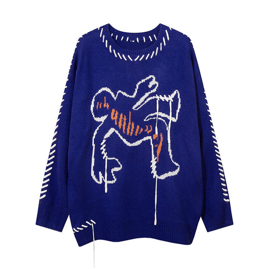 Fringed Sweater Round Neck Sweater With Rope Stitching
