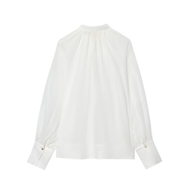 Women's Stand-up Collar Striped Lantern Long Sleeve Top