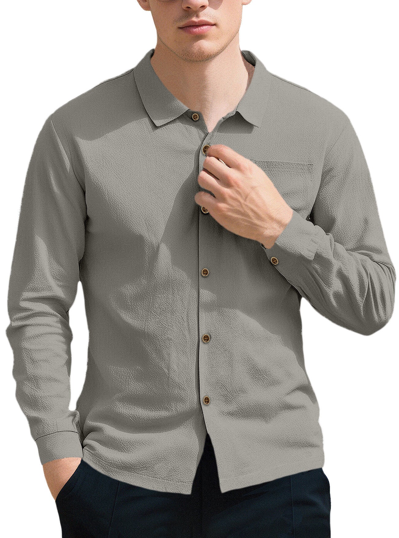 New Men's Solid Color Lapel Casual Loose Long Sleeve Shirt