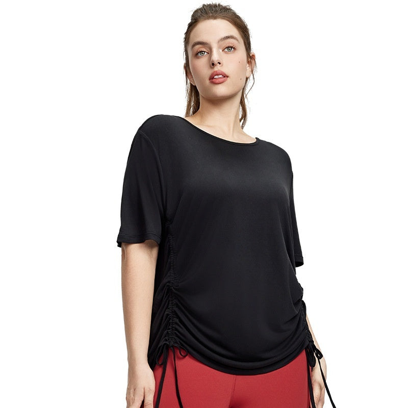 Plus Size Short-sleeved T-shirt Women's Adjustable Drawstring Sports Blouse