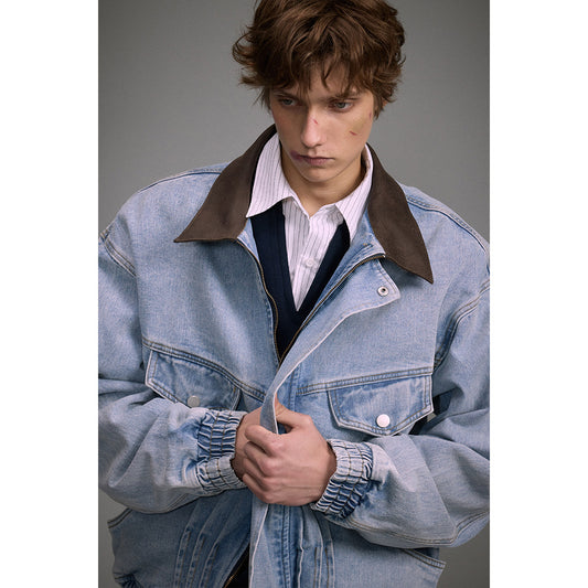 Løs Vasket Revers Workwear Denim Motorcykeljakke til Mænd og Kvinder