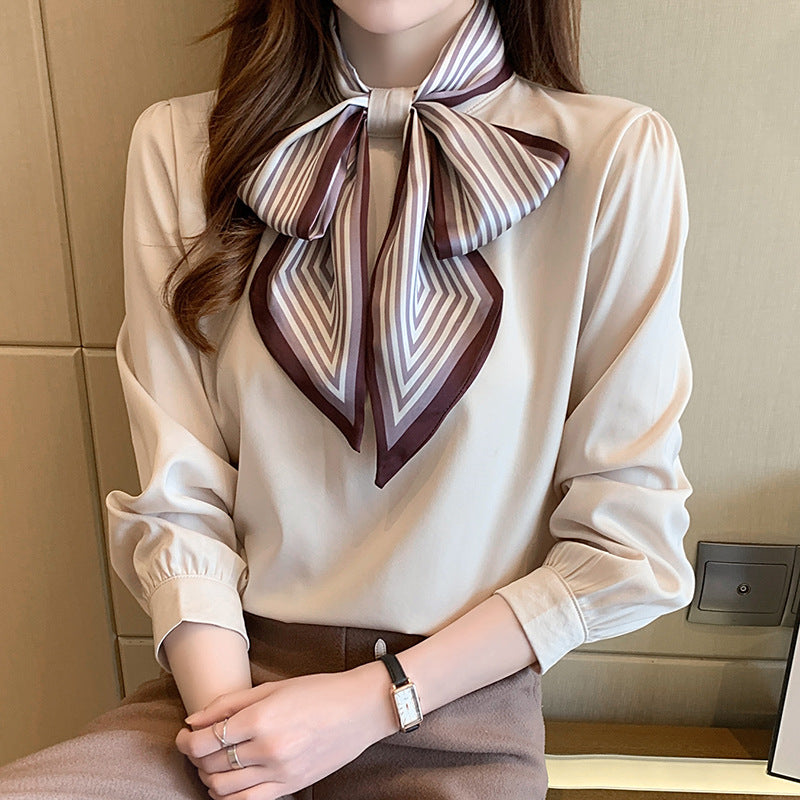 Lady Temperament Satin Striped Shirt With Ribbon
