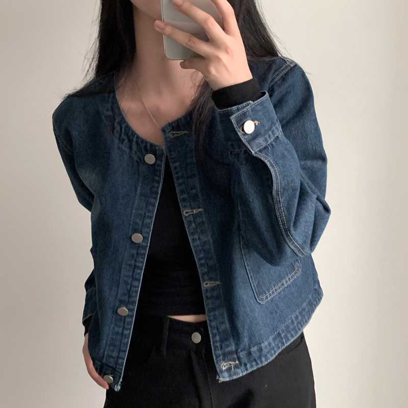 Retro Crew Neck Double Pocket Simple Wash Denim Jacket