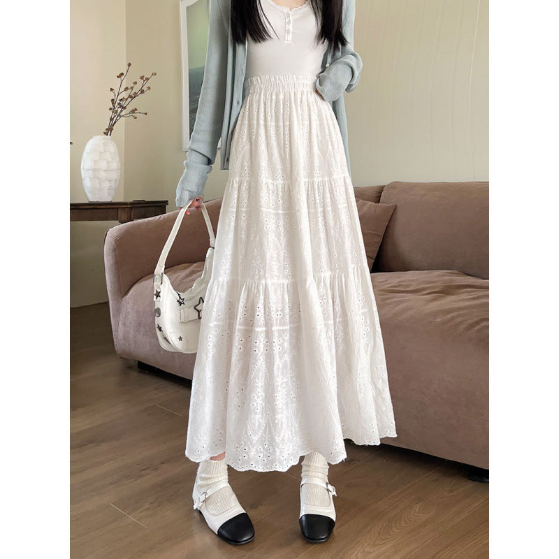 New French Style Retro Elastic Waist Pure Cotton Embroidery Long Dress