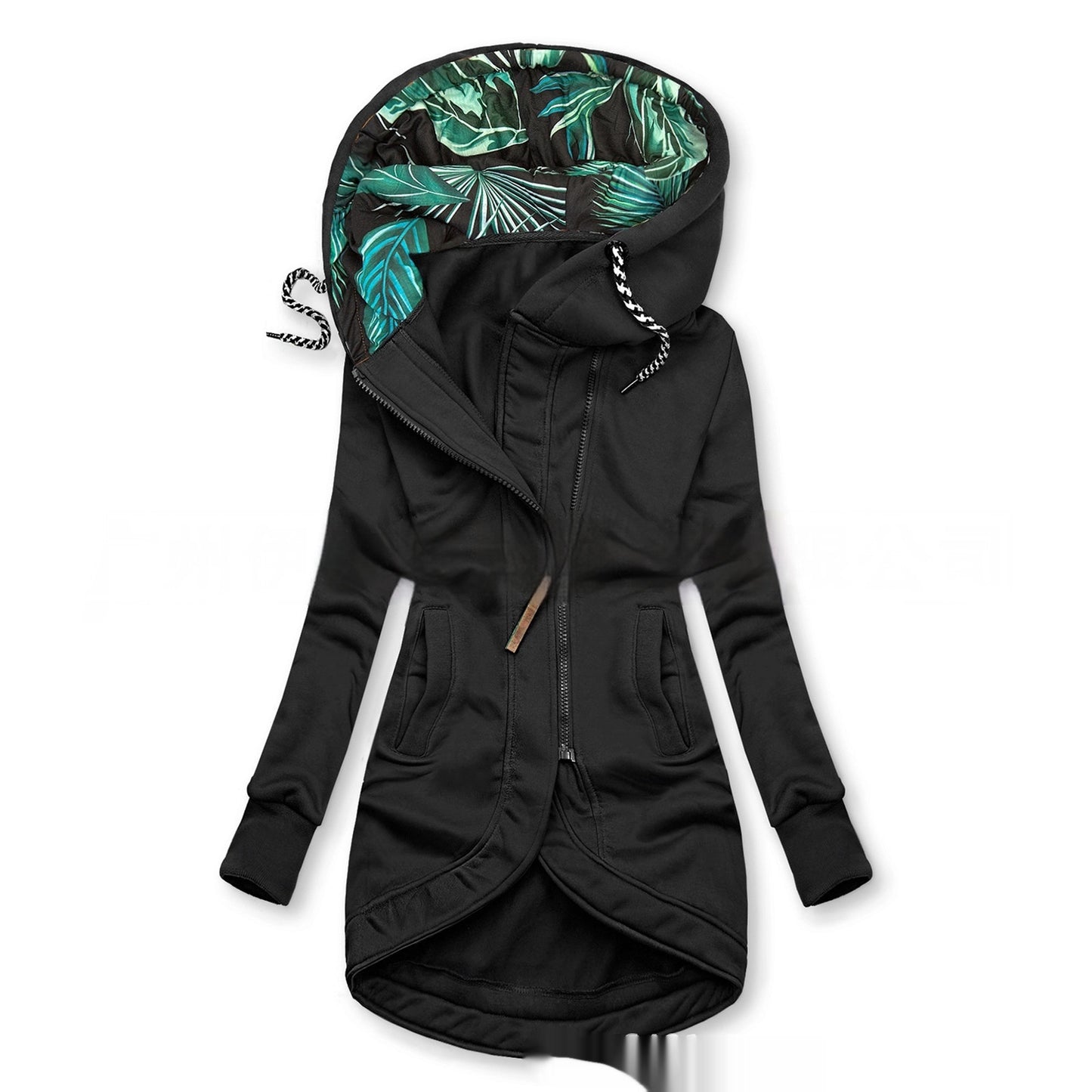 Womens Solid-Color Zip-Up Hoodie With Print And Long Sleeves