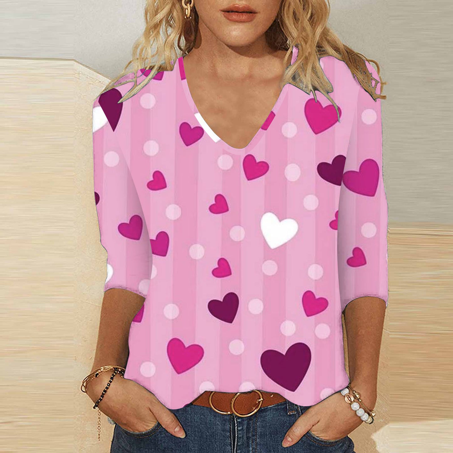 3D digitaltryk Valentinsdag Hjerteprint Kvinders søde afslappede løse V-hals 3/4-ærmet T-shirt