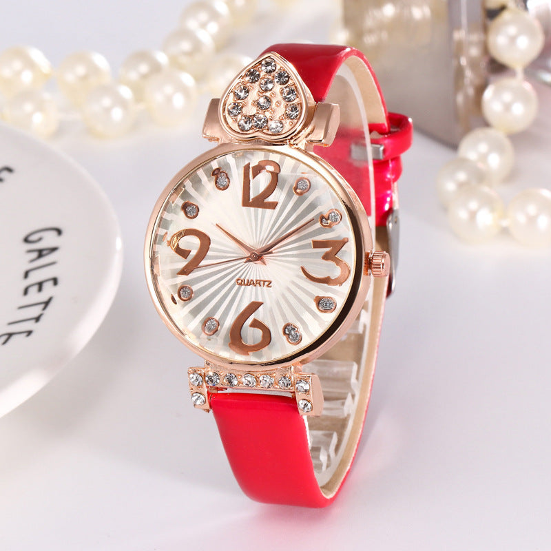 Peach Heart Rhinestone Big Number Belt Female Watch