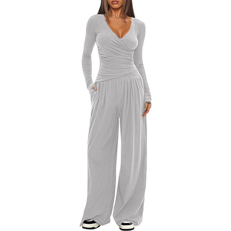 Women's V Neck Long-sleeve Sportswear Top And Wide-leg Pants Set Casual Comfortable Outfit Set For Daily Wear Gym Sports Outfit 2 Pieces