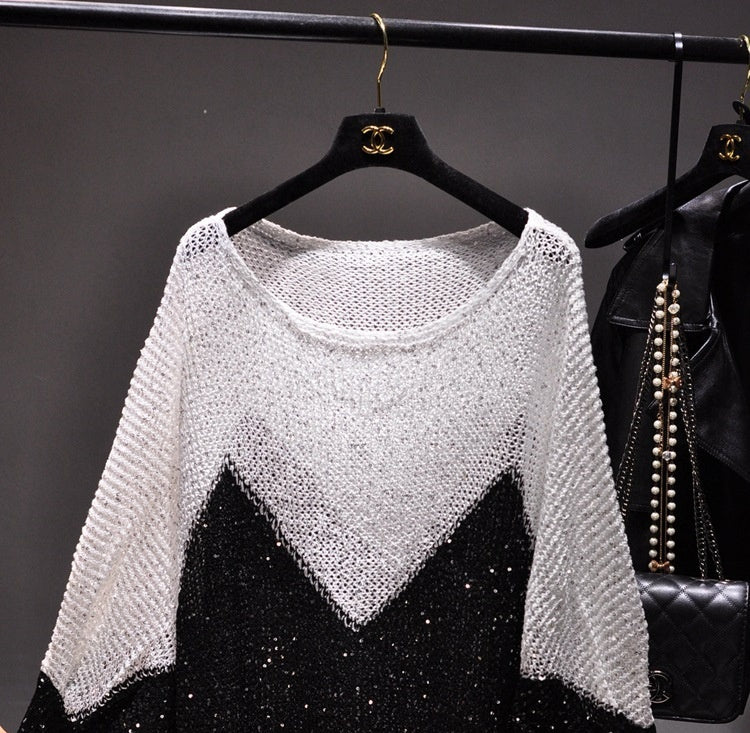Sequined Pullover Loose Cape Batwing Shirt Hollow Round Neck Sweater
