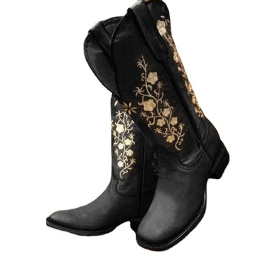 Round Toe Retro Embroidered Knight Boots