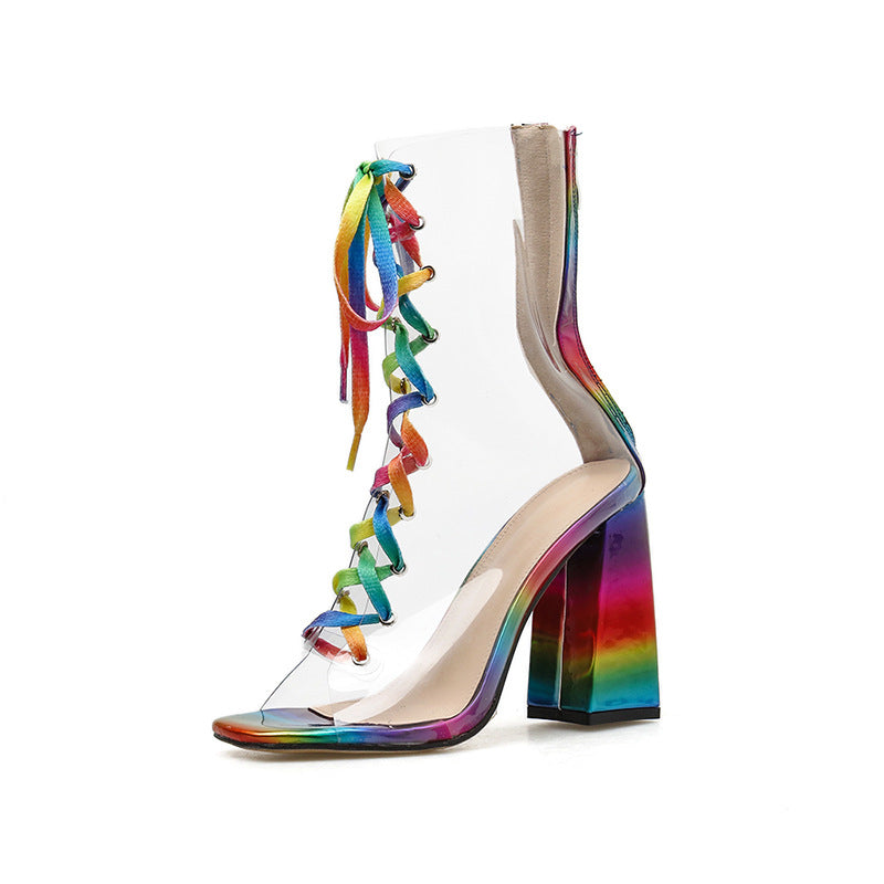 Rainbow color lace fashion thick heel women's shoes