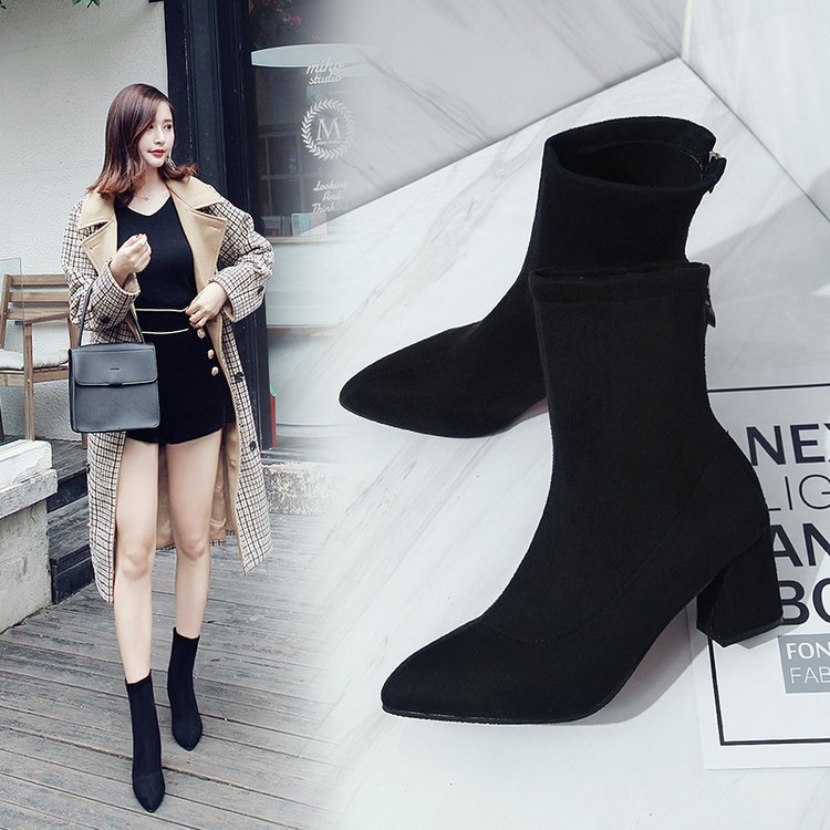 Black suede pointed toe heel high heel ankle boots
