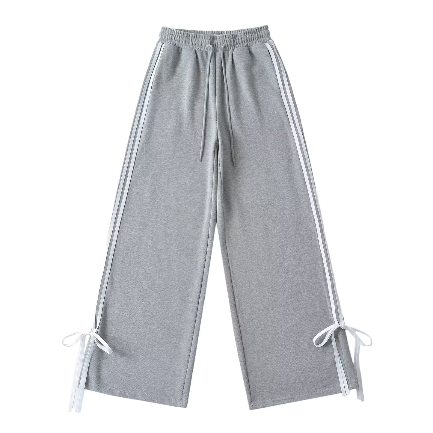 Side-striped Bow-tie-detailed High-waist Casual Loose Wide-leg Straight Pants