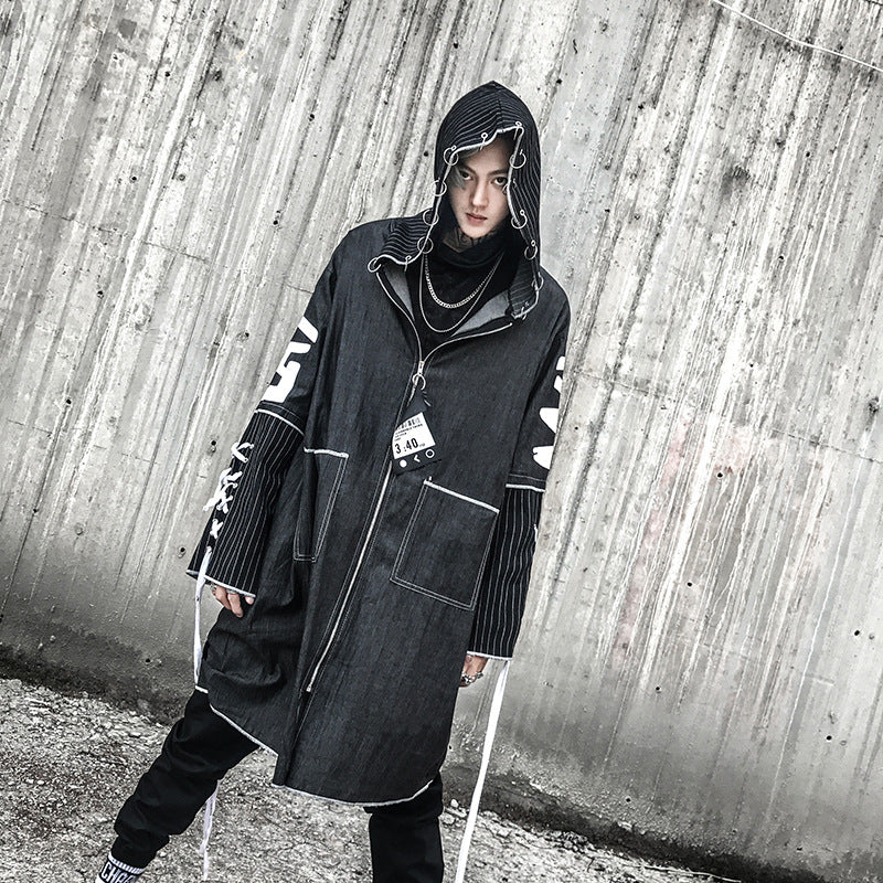 Autumn new national tide loose long hooded windbreaker hairdresser nightclub DJ personality fashion trend coat