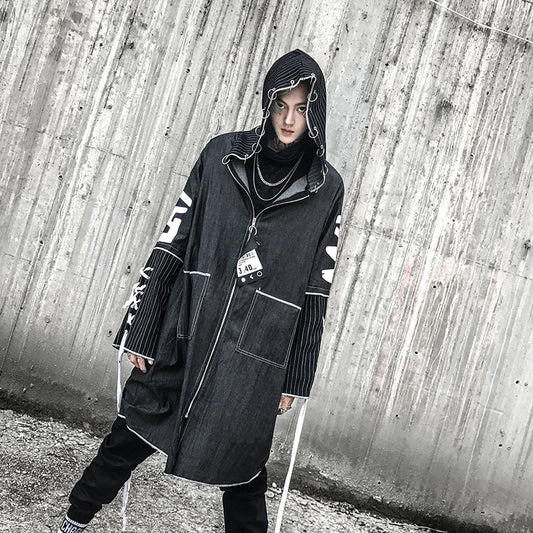 Autumn new national tide loose long hooded windbreaker hairdresser nightclub DJ personality fashion trend coat
