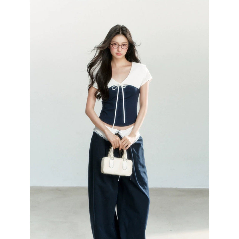 Loose Leisure All-matching Thin T-shirt Purplish Blue Stitching Outerwear Top