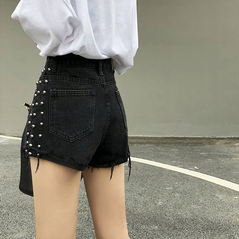 Hem high waist wide leg black shorts