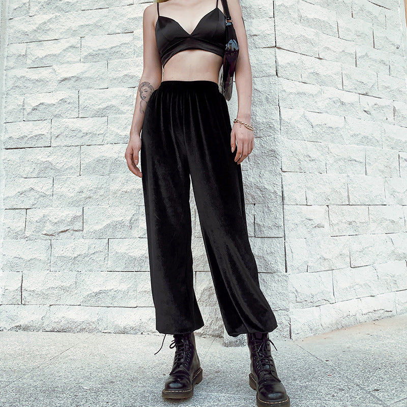 Loose high waist velvet eyelet straps