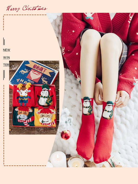 Christmas socks female middle tube pure cotton autumn and winter long tube
