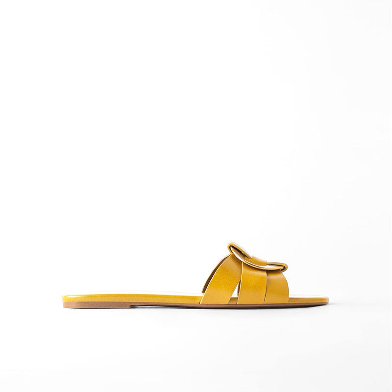 Cow leather sandals and slippers with square toe metal buckle