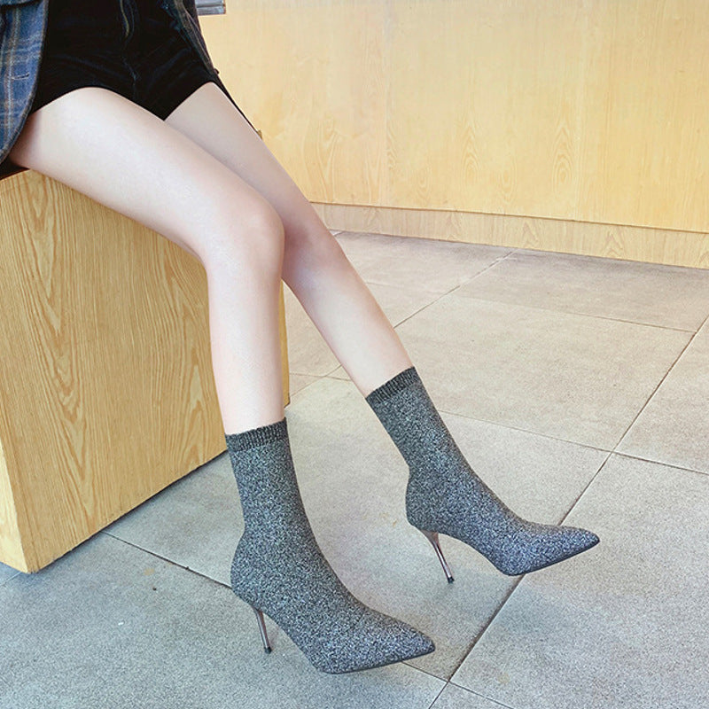 Medium length knitted thin boots and short boots