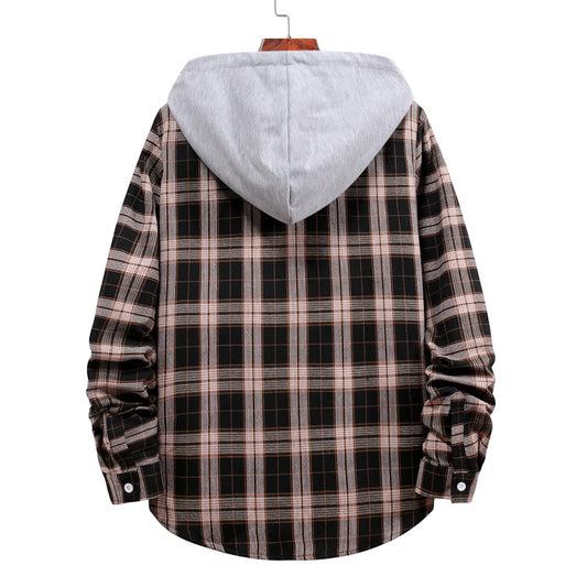 Men's Autumn Youth Casual Cardigan Plaid Hooded Jacket