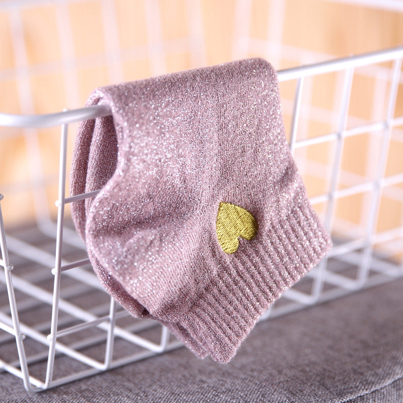 Lurex embroidered gold thread love fashion trendy socks