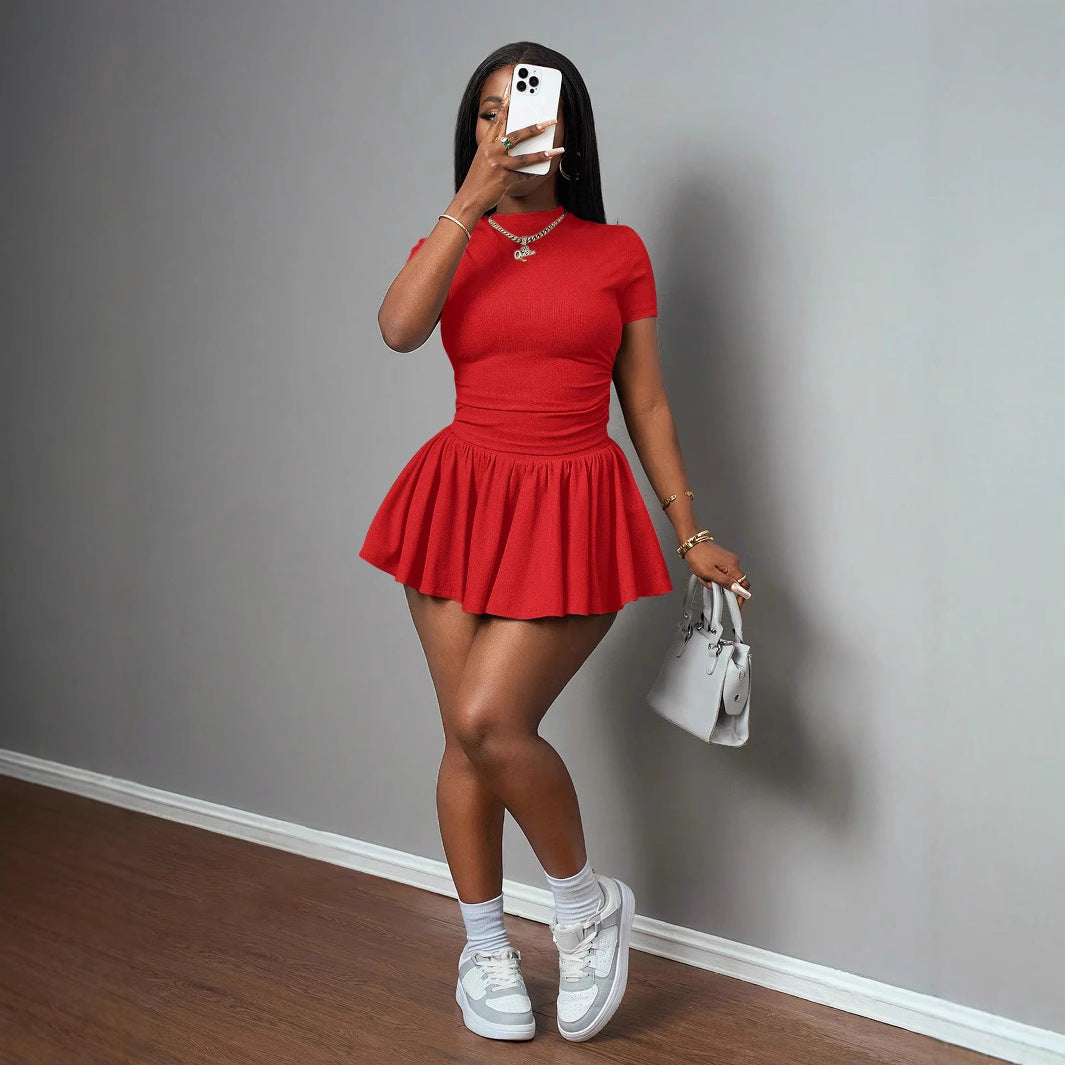 Elegant Women's Clothing Rib Round-neck Short Sleeves And Skirt Suit