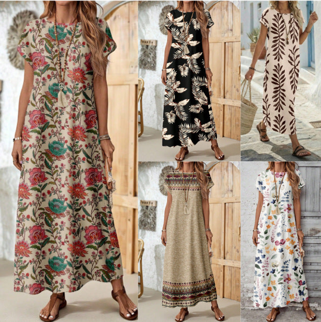 Printed Short-sleeve Crew-neck Dress Women's Clothing