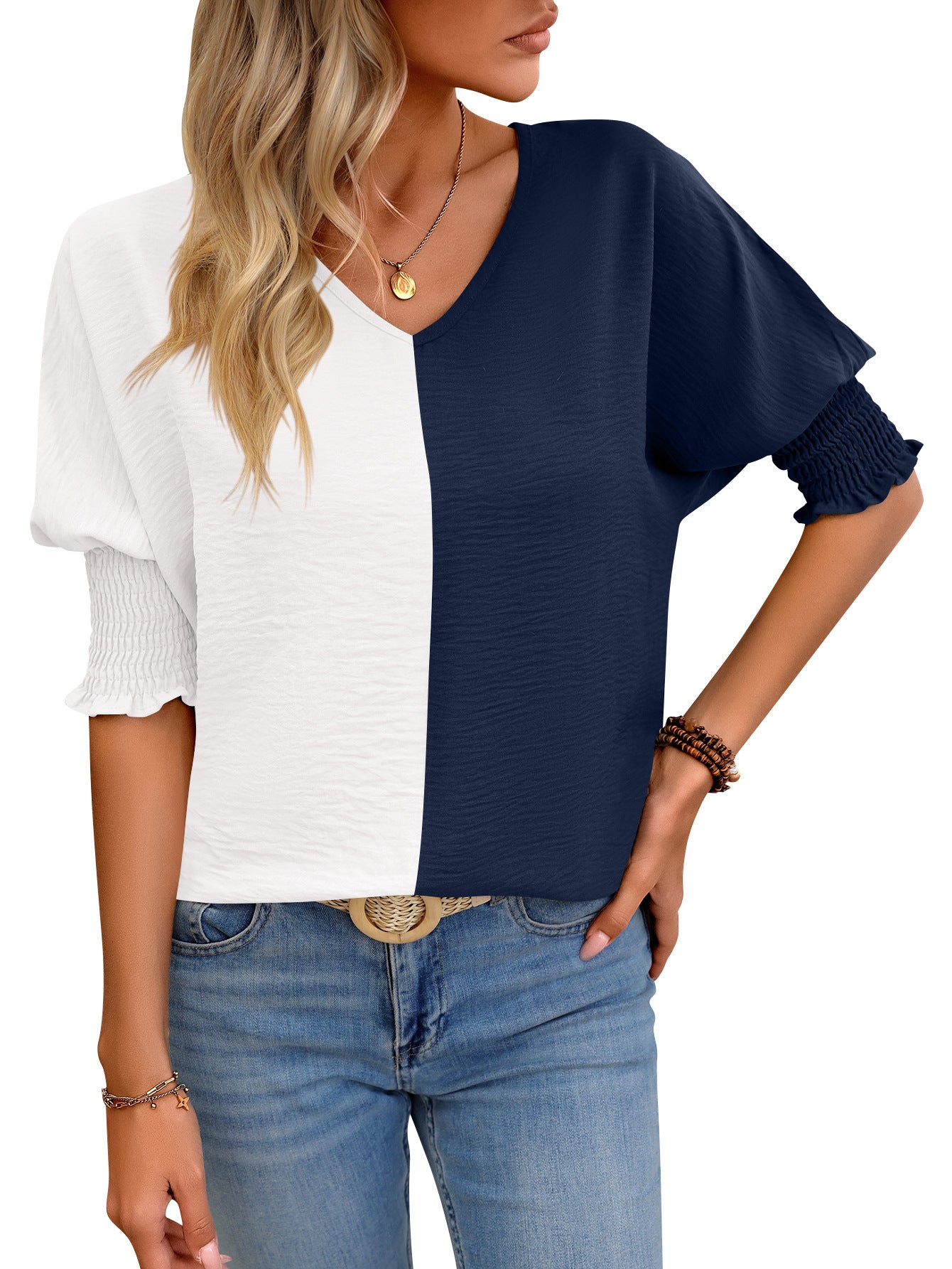 V-hals Løs Smock Batwing-ærme Farvematchende Top