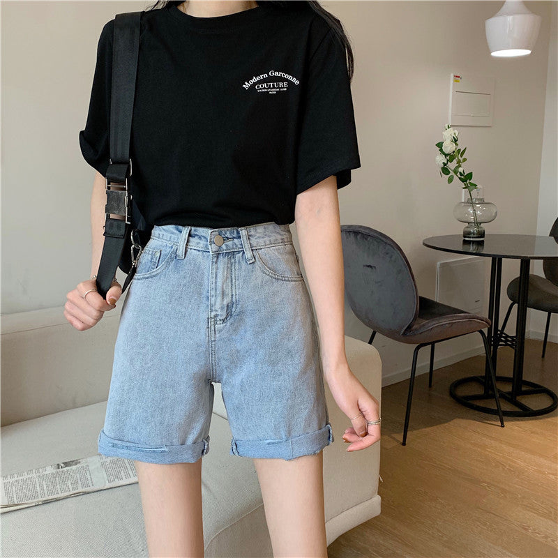 High-waisted slim-hole ruffled five point jeans