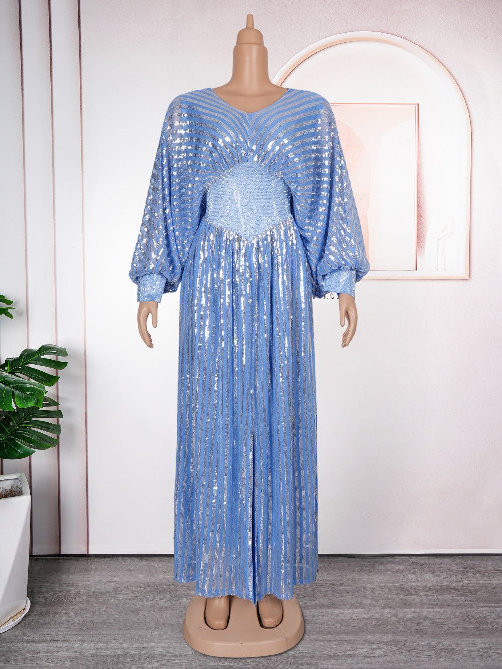 Elegant Sequined V-neck Slim Slit Dress Evening Dress