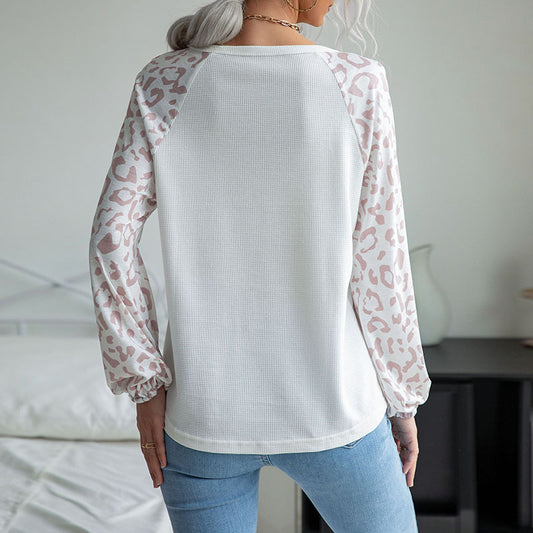 Women's Waffle Panel Basement Leopard V-Neck Knit Sweater