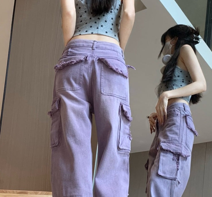 Summer Retro Hot Girl Sweet Cool Style Purple Washed Distressed Straight Wide Leg Jeans For Women