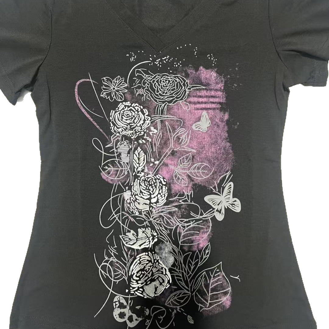 Elegant Retro Black Printed T-Shirt For Women