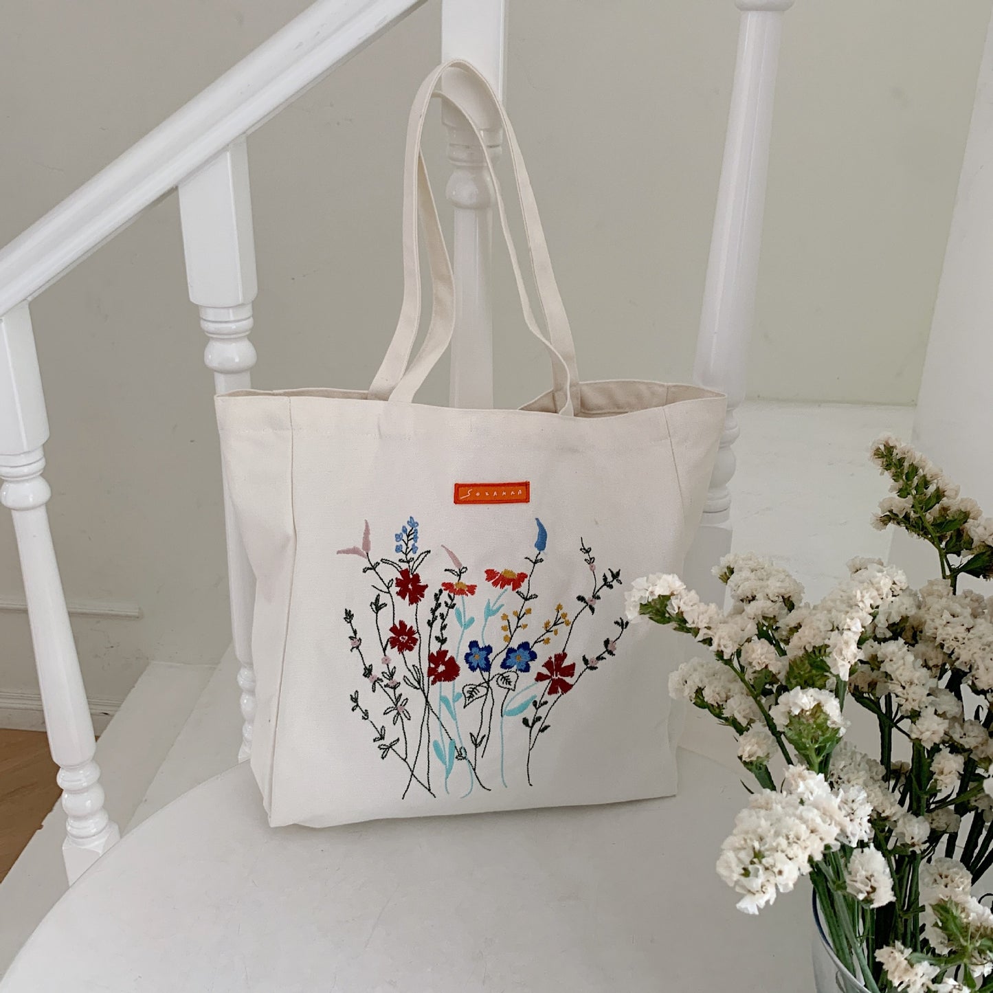 Korean Version Embroidered Flower Canvas Bag Ins Lazy Style Art College Students