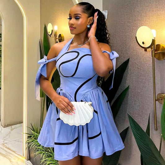 Printed Lace-Up Off-Shoulder High-Waisted Pleated Dress