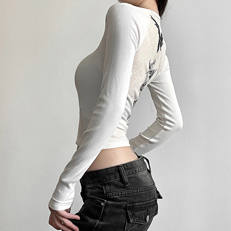 New Womens Fashion Long-sleeve Slim-fit Top With A Bold Print