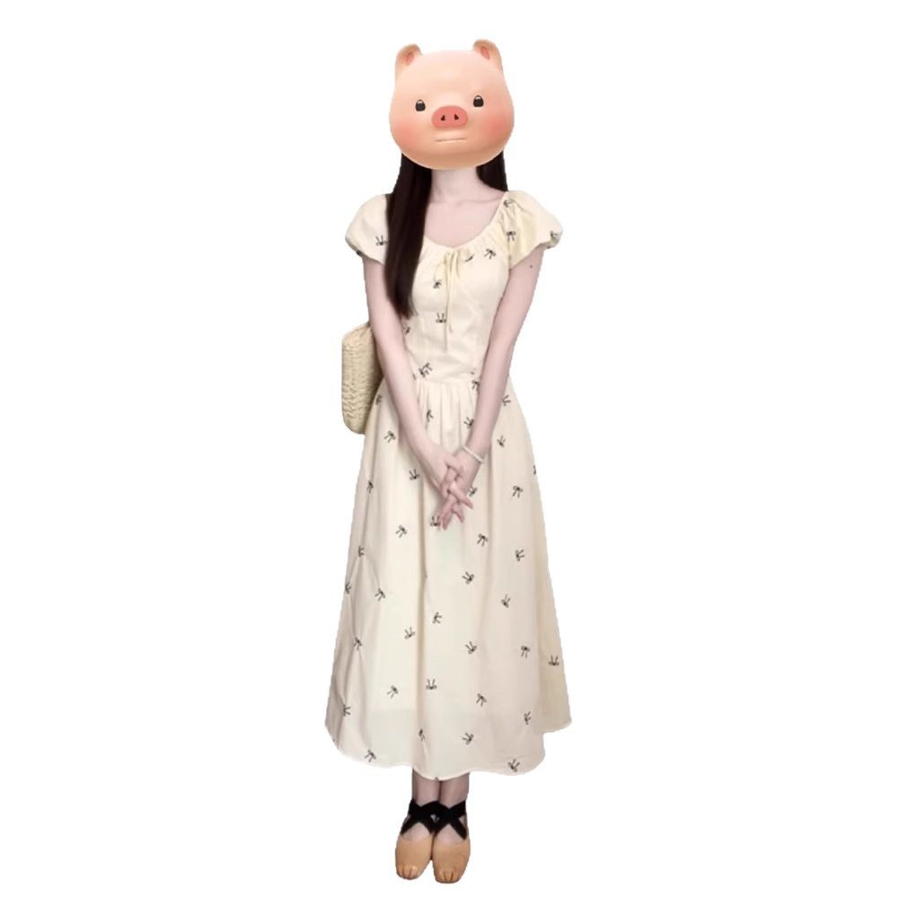 Womens French-style Floral Dress With Bow And Puffed Sleeves