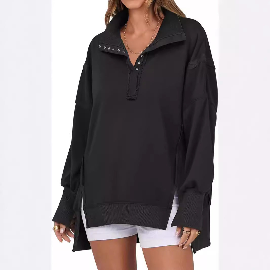 Decorative Moulding Design Blouse Split Lantern Sleeve Polo Collar Sweatshirt