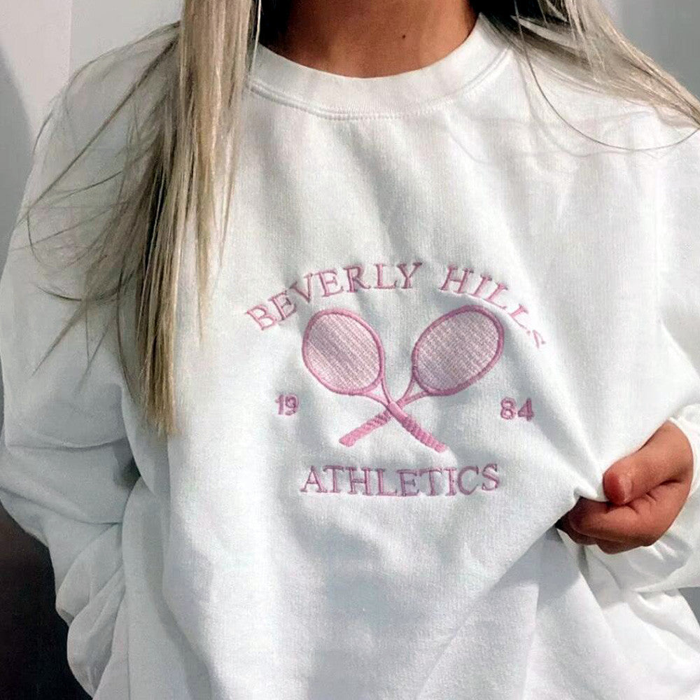 Women's American Retro Tennis Club Embroidery Artistic Round Neck Sweater