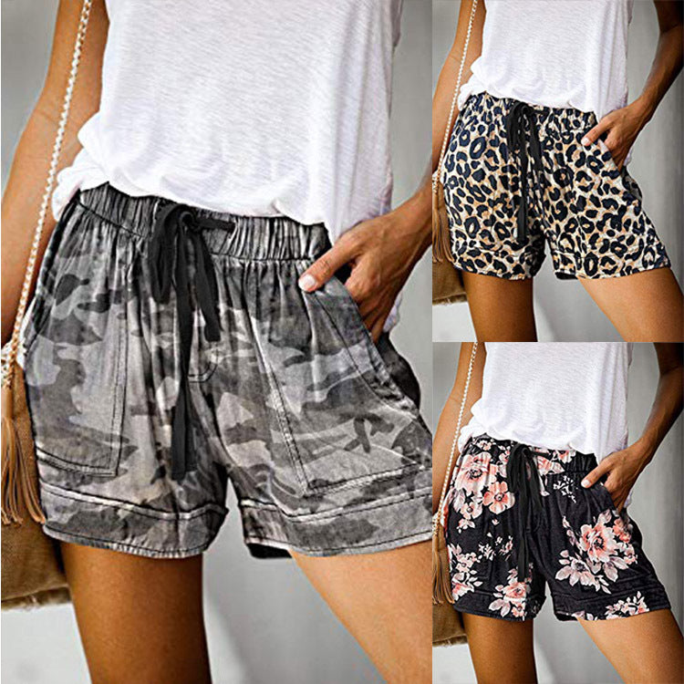 Casual elastic belt camouflage print high waist wide leg shorts